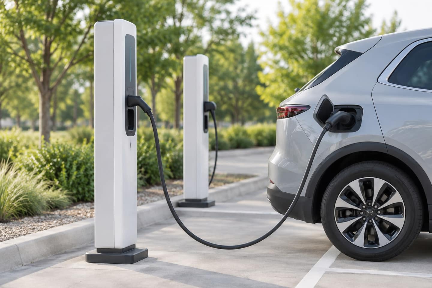 Açık otoparkta iki şarj istasyonu; biri beyaz bir elektrikli otomobili şarj ediyor