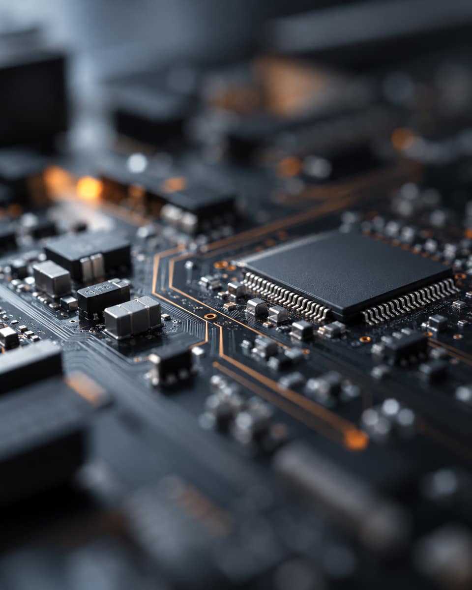 Koyu renkli bir elektronik devre kartının bakır yolları ve bileşenleriyle makro yakın planı