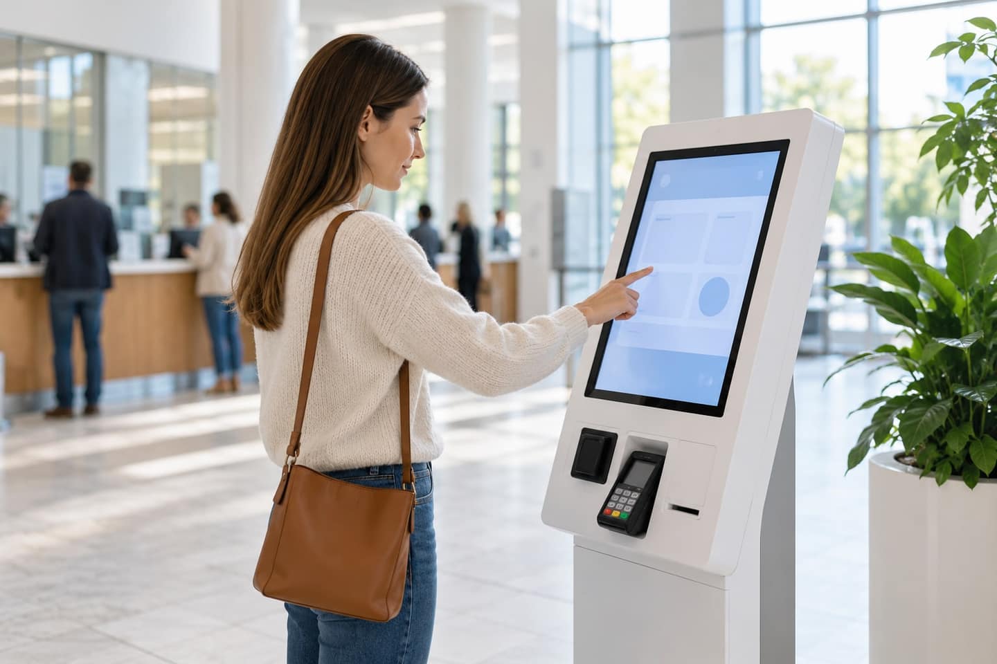 Hizmet salonunda dokunmatik ekranlı, kart okuyuculu ödeme kioskunu kullanan bir kişi