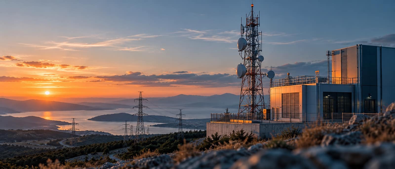 Gün batımında kafes iletişim kulesi, enerji hatları ve modern bir endüstriyel bina bulunan geniş bir altyapı sahası